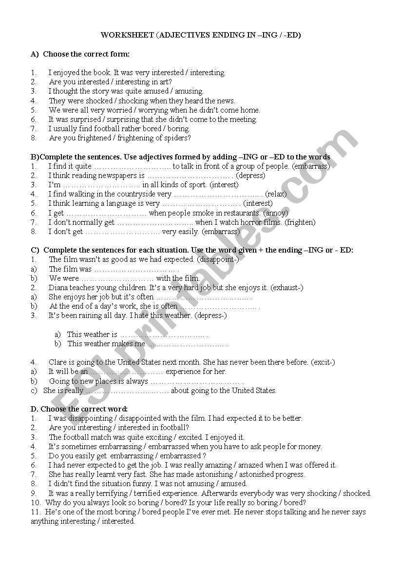 adjectives -ed -ing worksheet