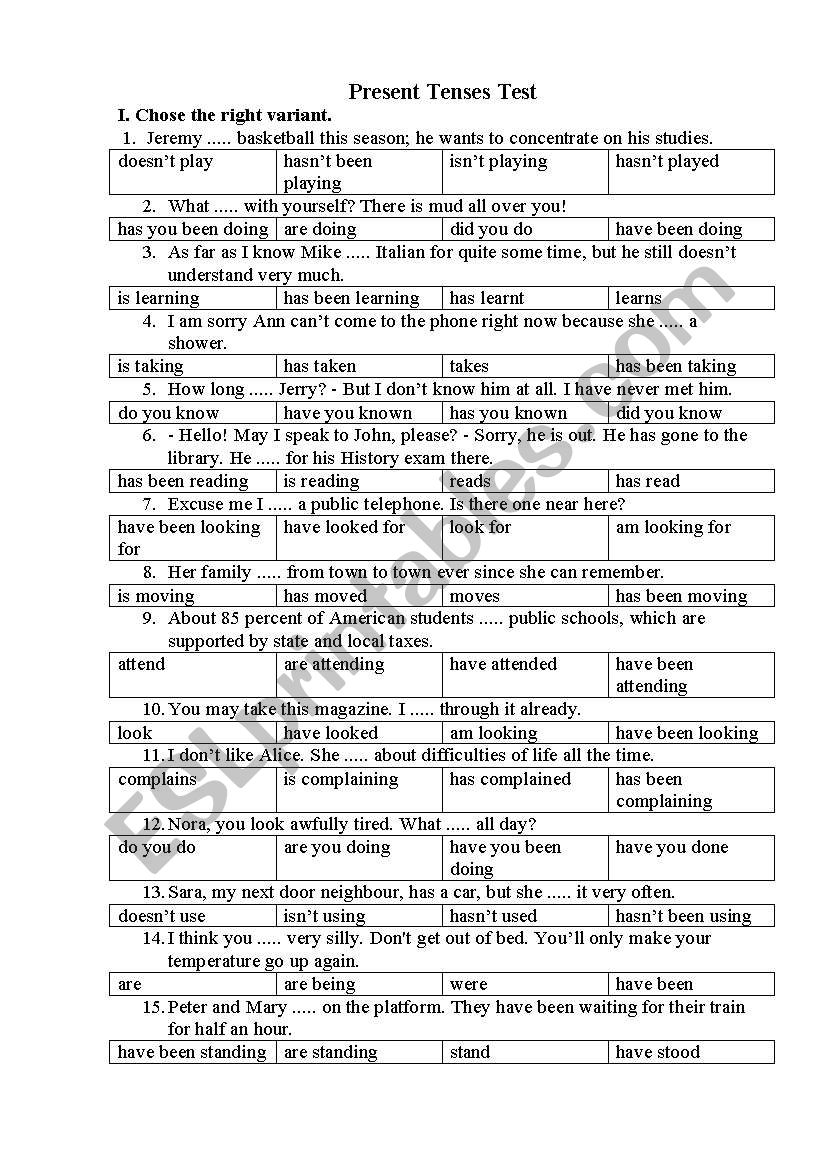 present tences test worksheet