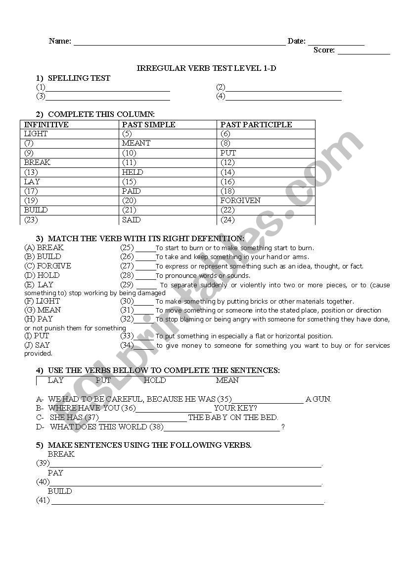 IRREGULAR VERB TEST 2 worksheet