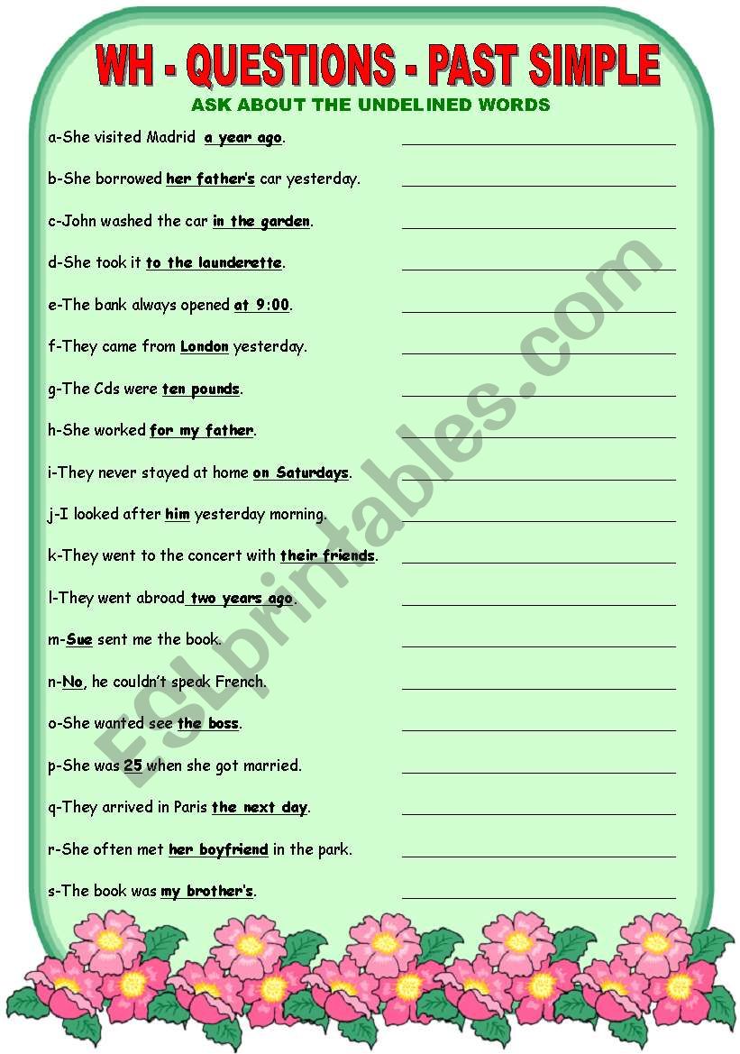 WH QUESTIONS PAST SIMPLE ESL Worksheet By Coquina