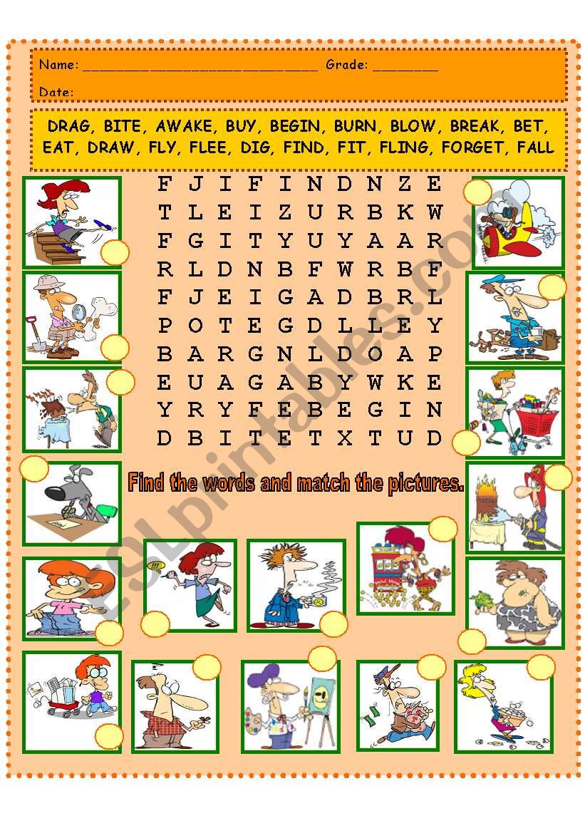 IRREGULAR VERB WORD SEARCH AND MATCHING PICS ESL Worksheet By Lizsantiago