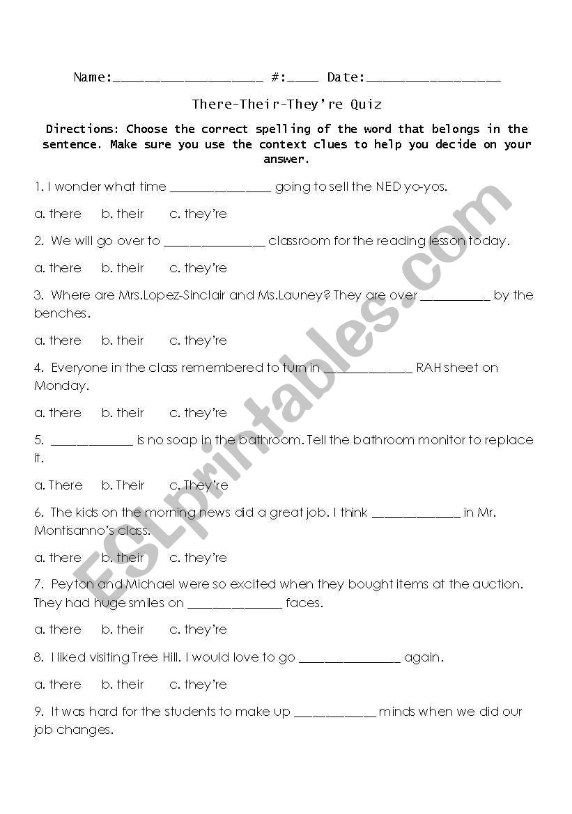 There Theyre Their Test worksheet