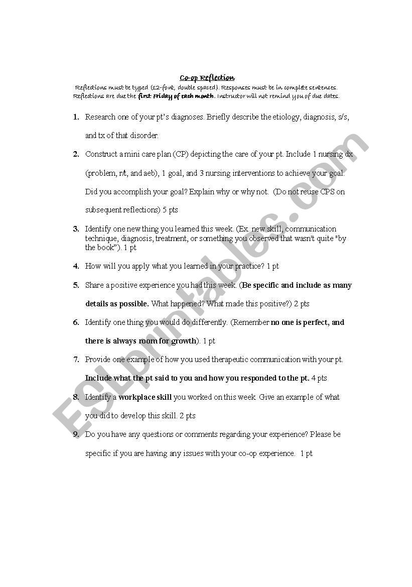 Coop reflection worksheet