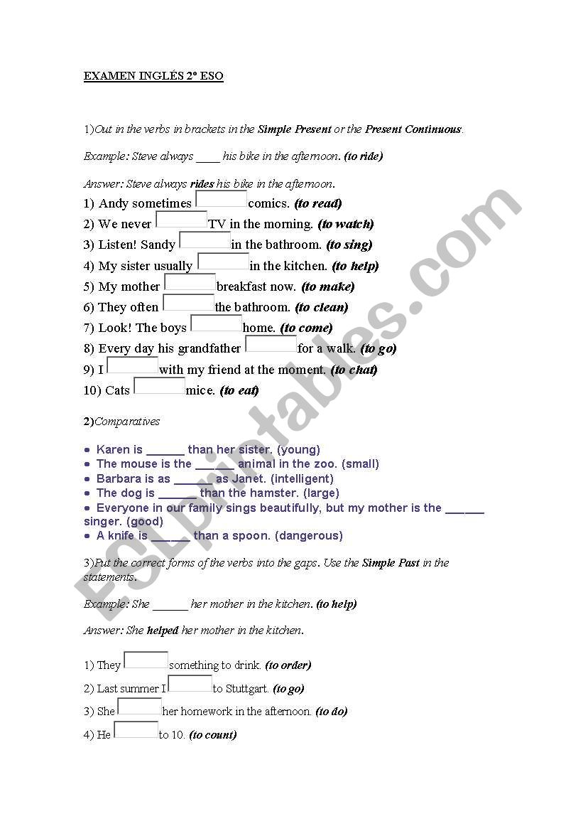 english test for 2ESO worksheet