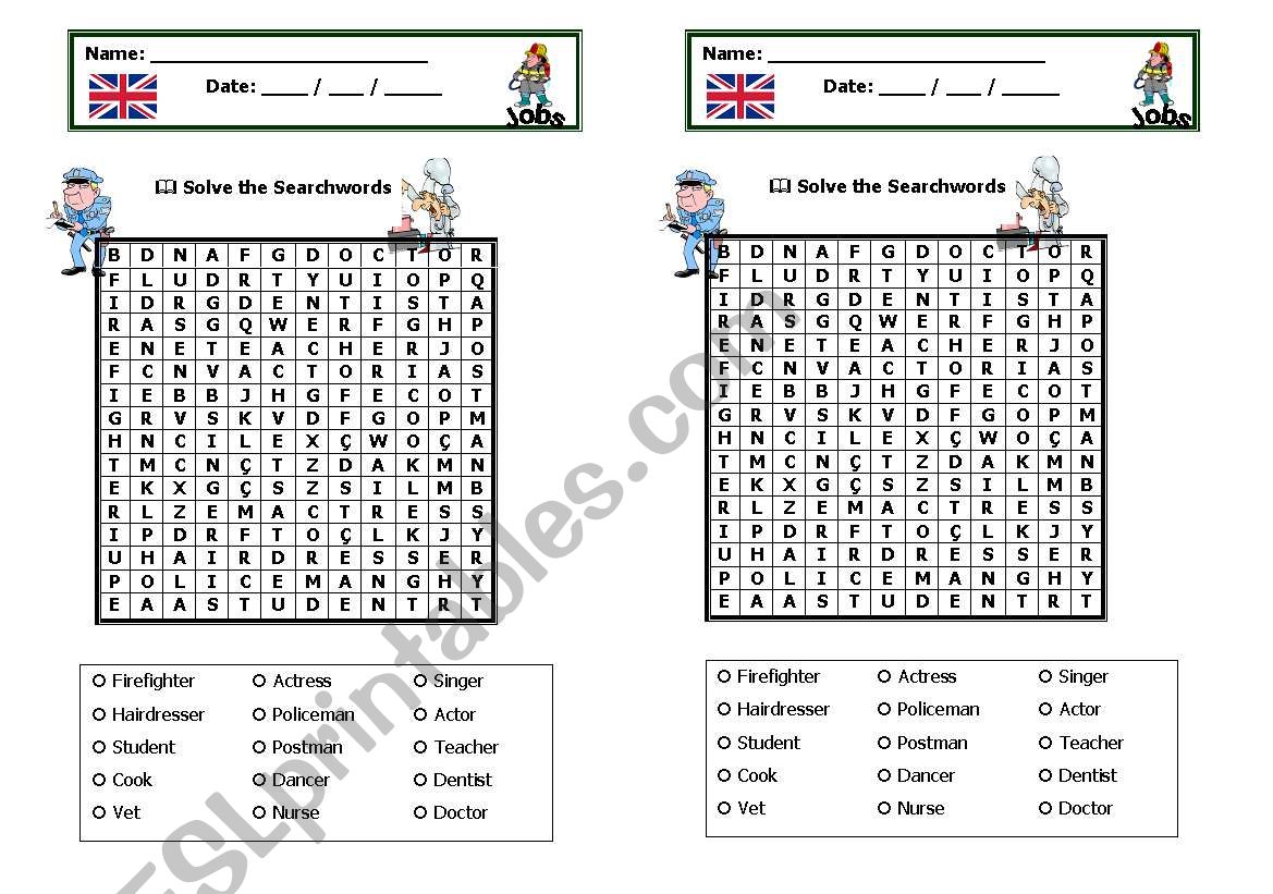 Jobs search words worksheet