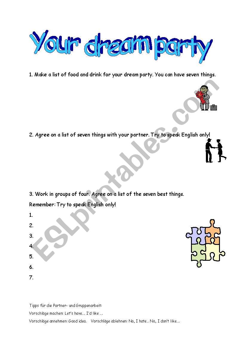 Your dream party worksheet