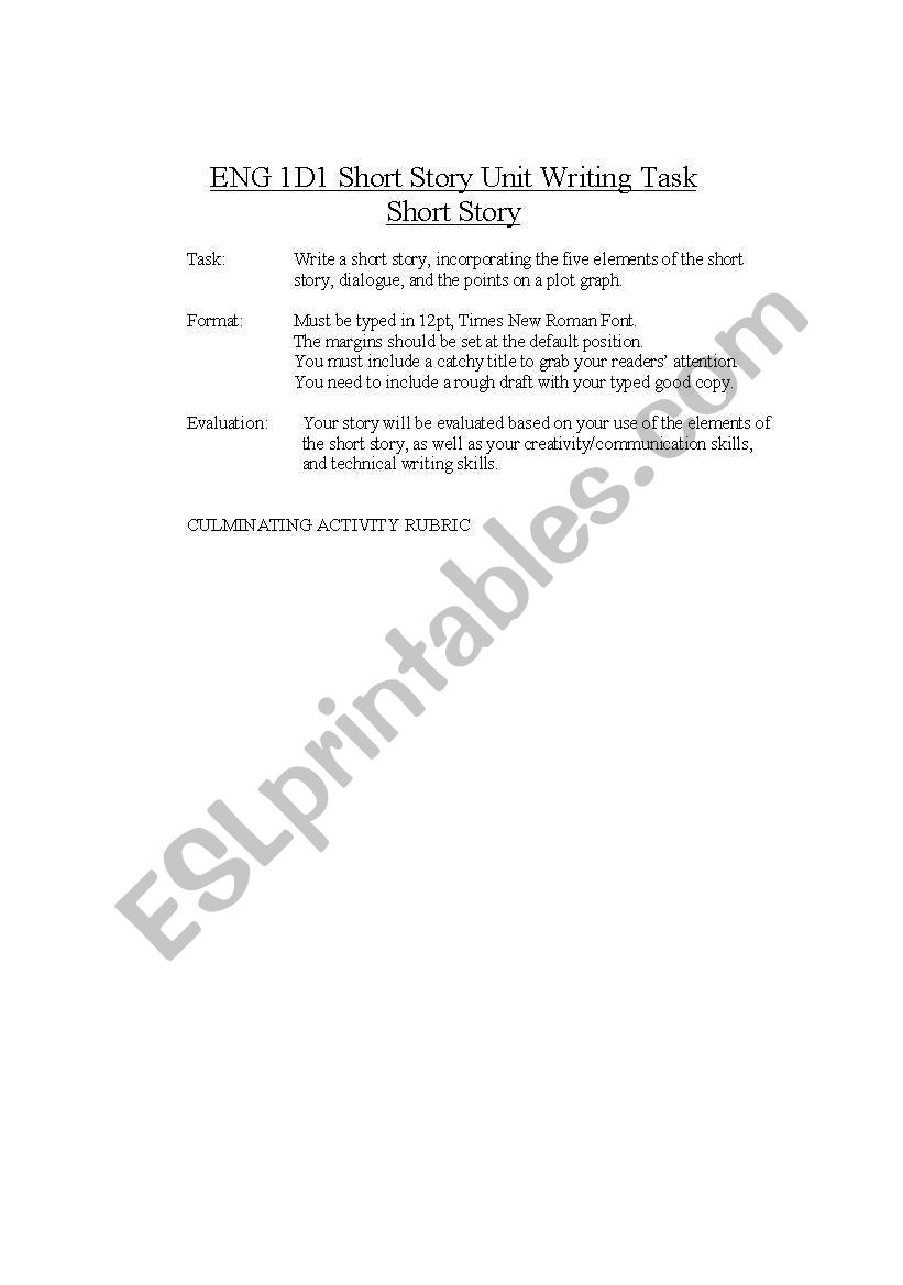 Short Story Writing Task worksheet