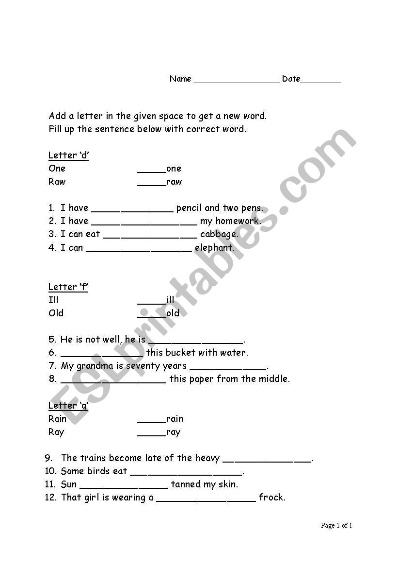 Add game d, f, g worksheet