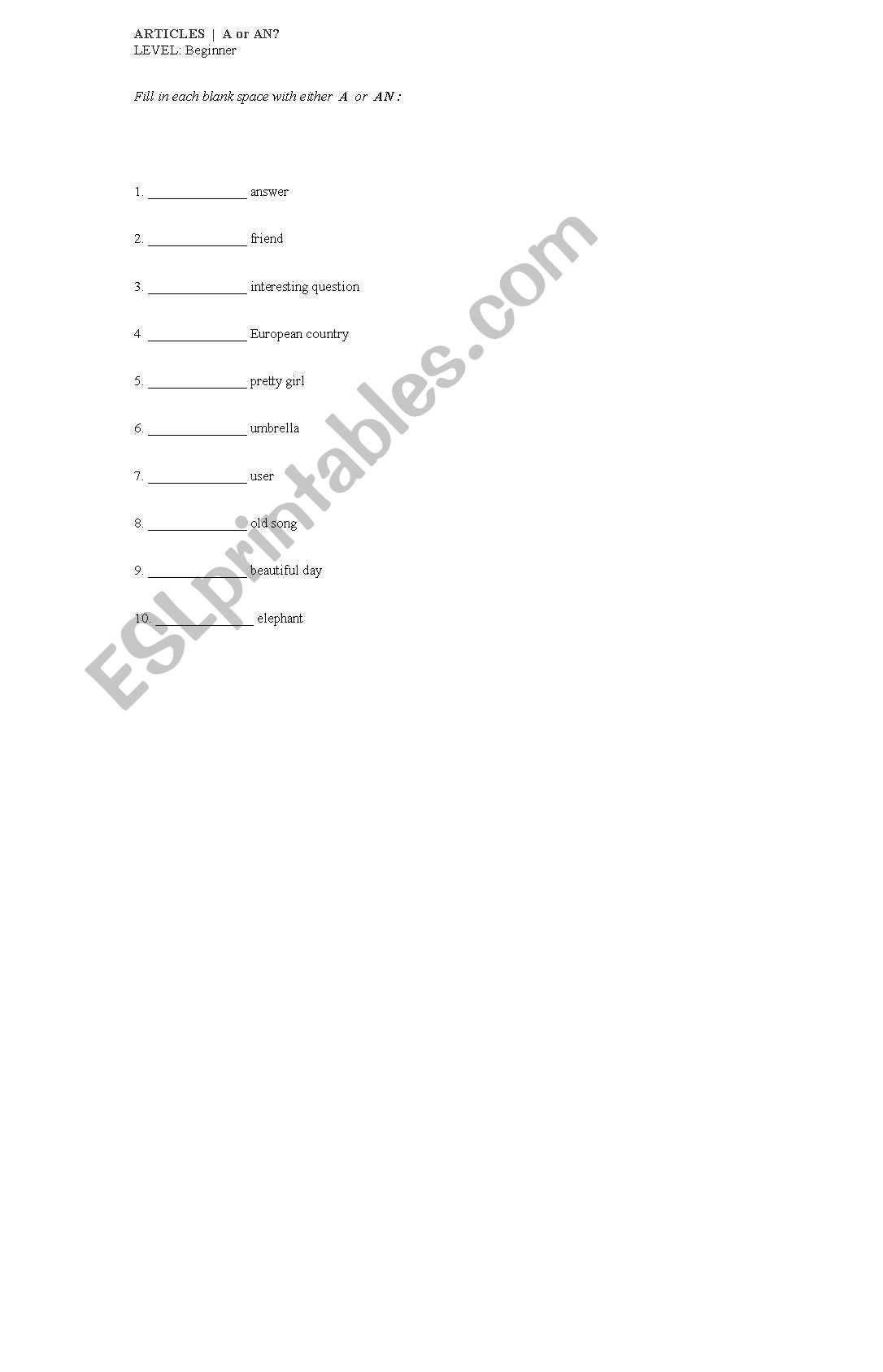 article a/an worksheet