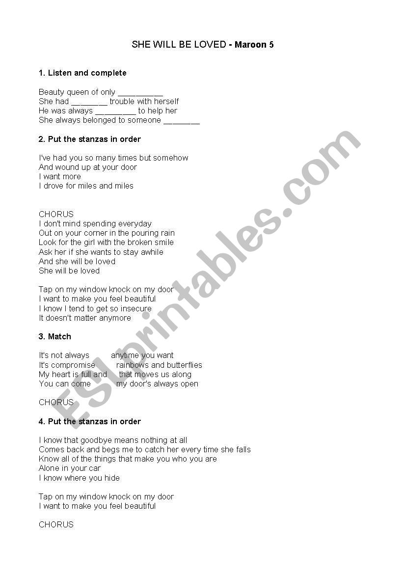 She will be loved - Maroon 5 worksheet