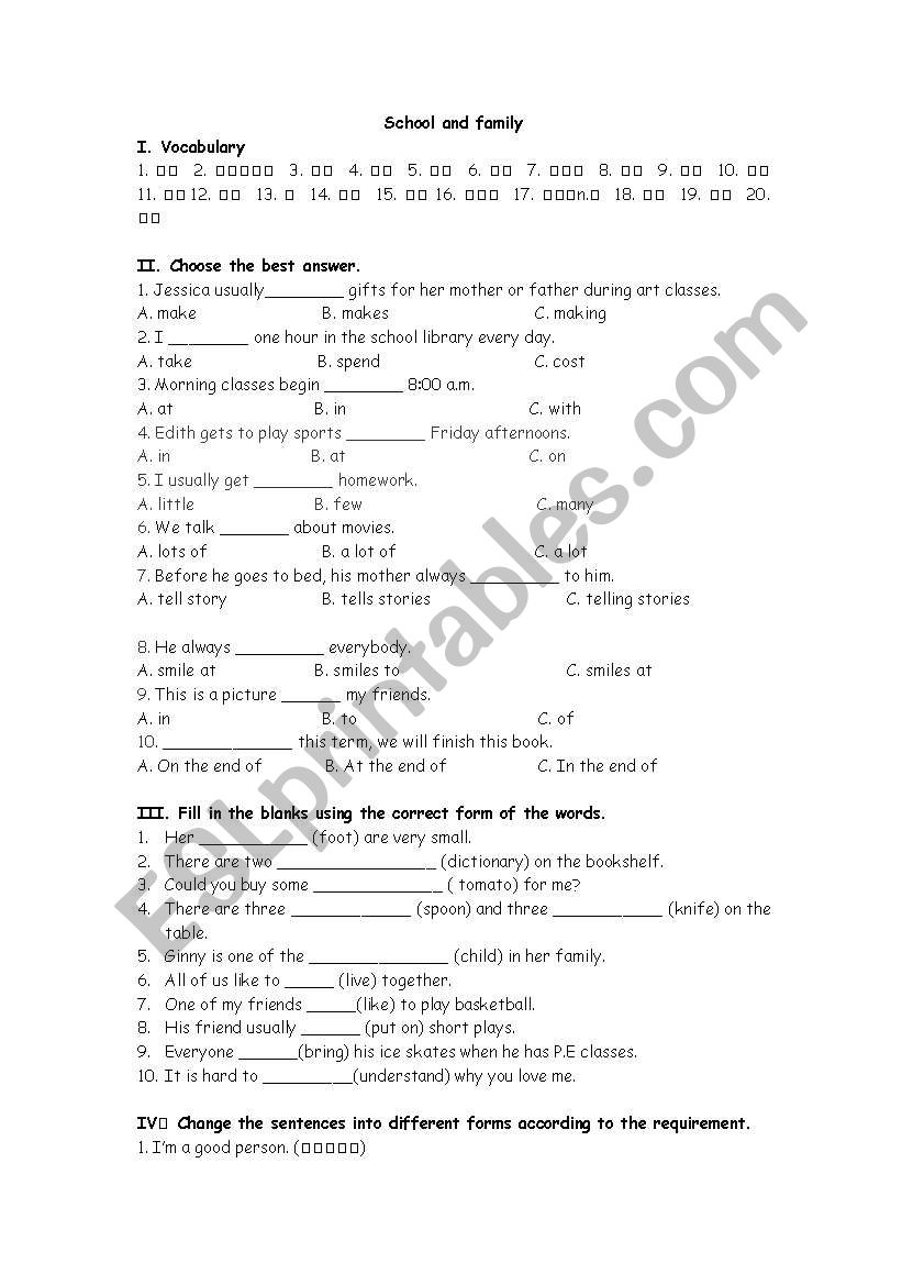 school and family worksheet