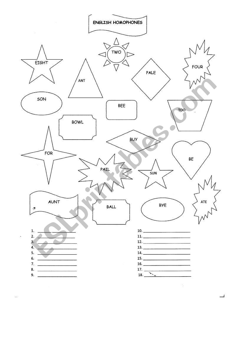 English Homophones worksheet