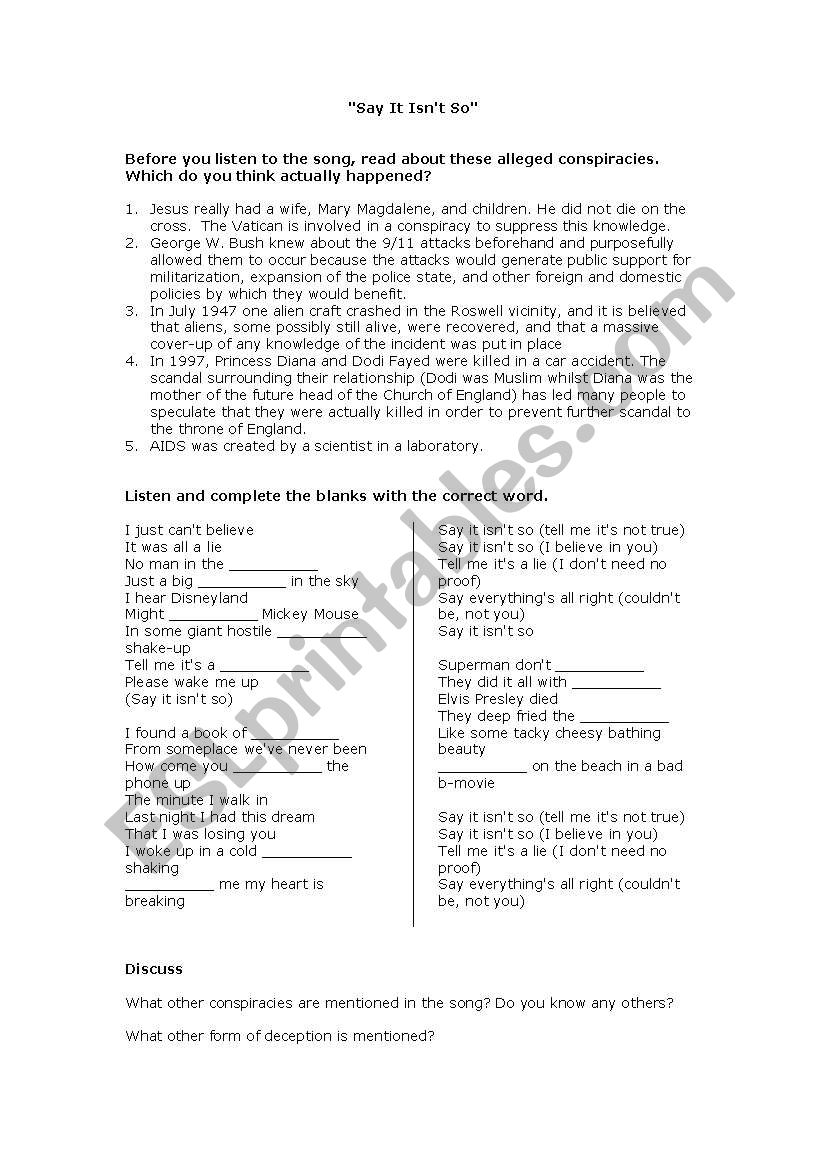 Say it isnt so - Bon Jovi worksheet