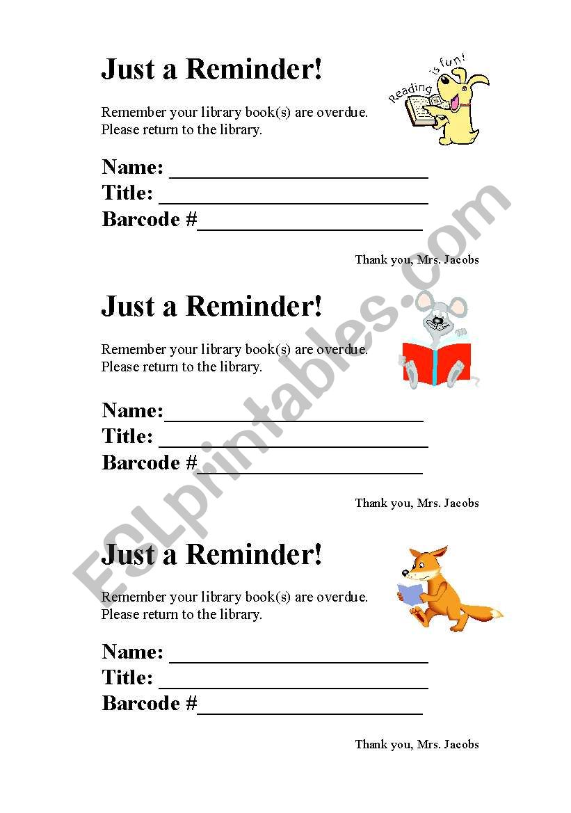 Book Reminder Slips worksheet