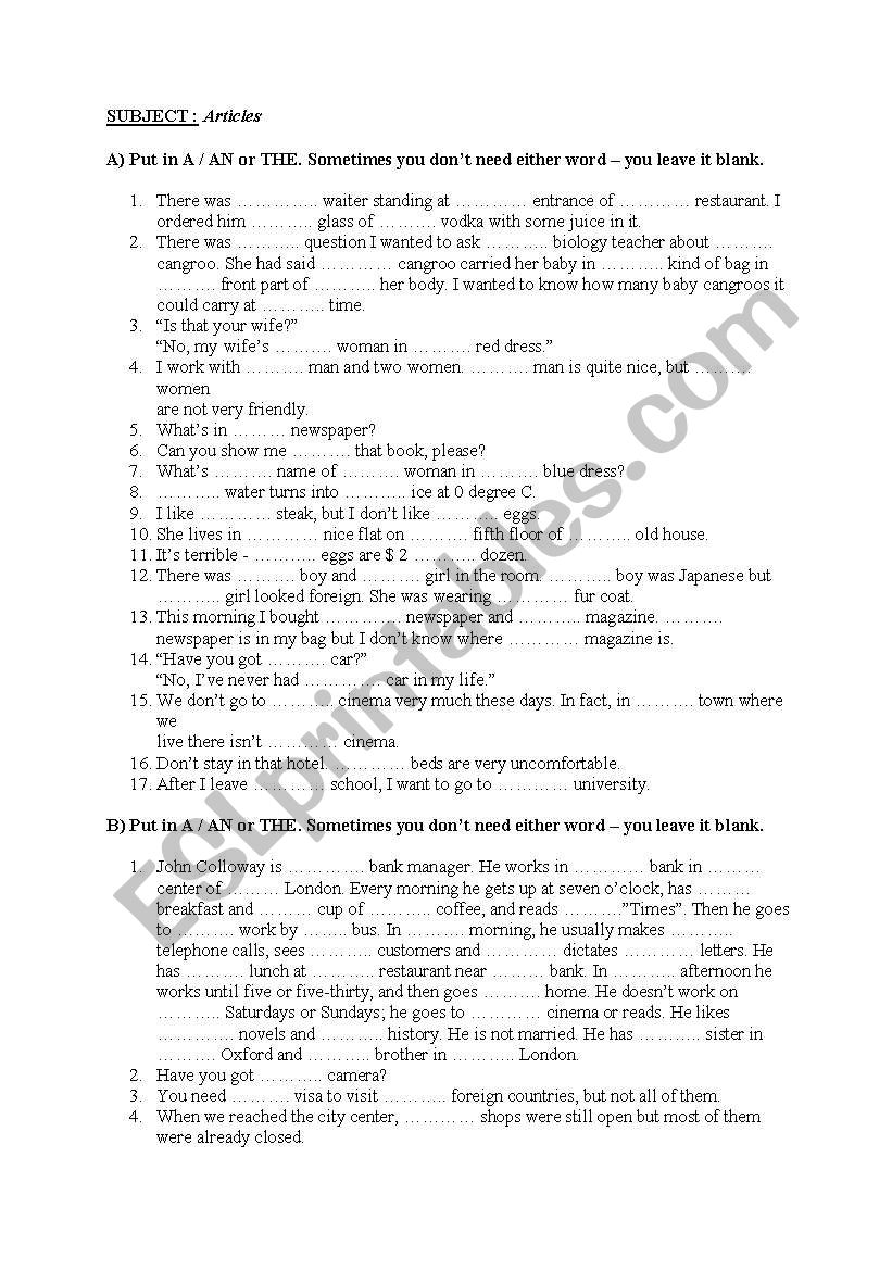 articles worksheet