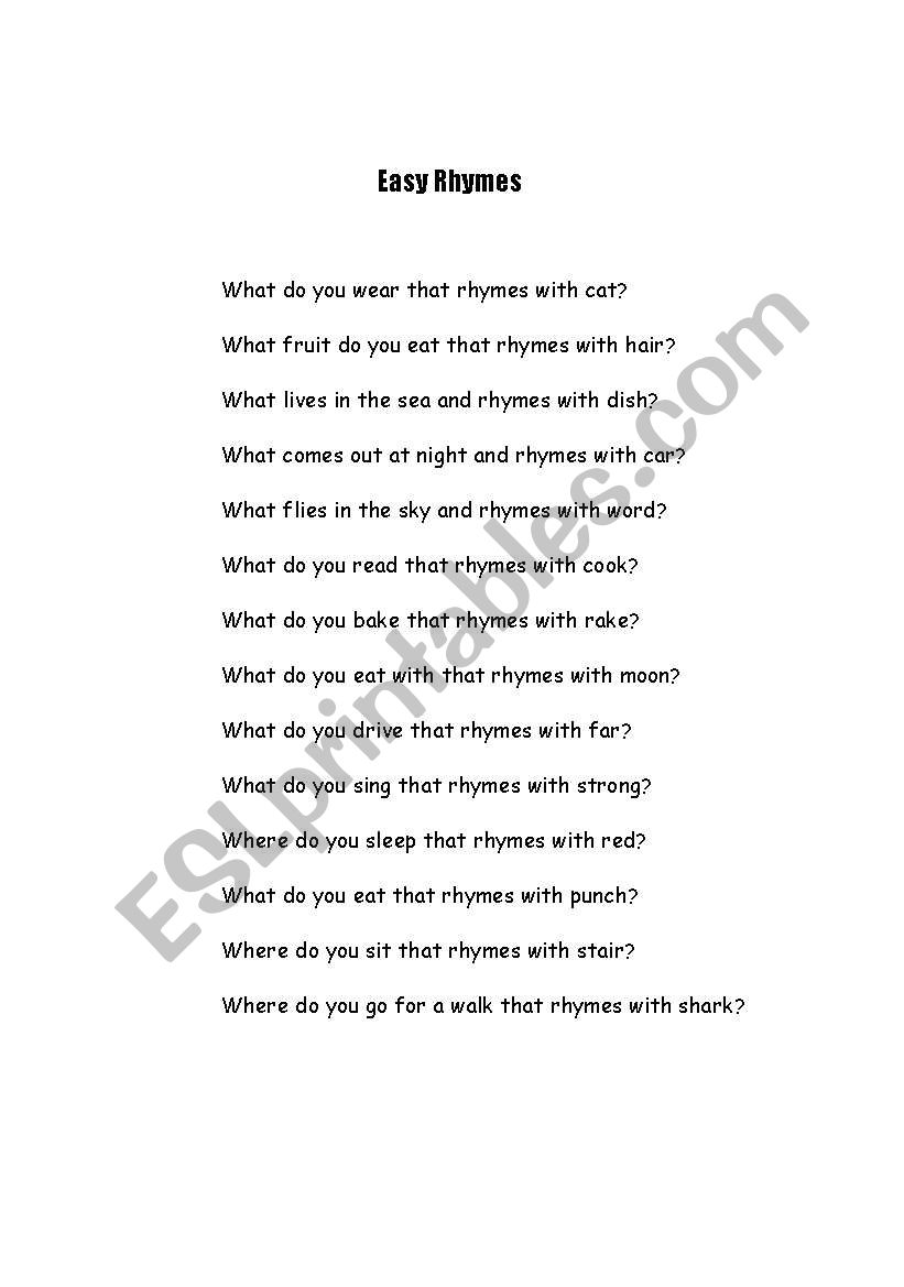 Easy rhymes worksheet