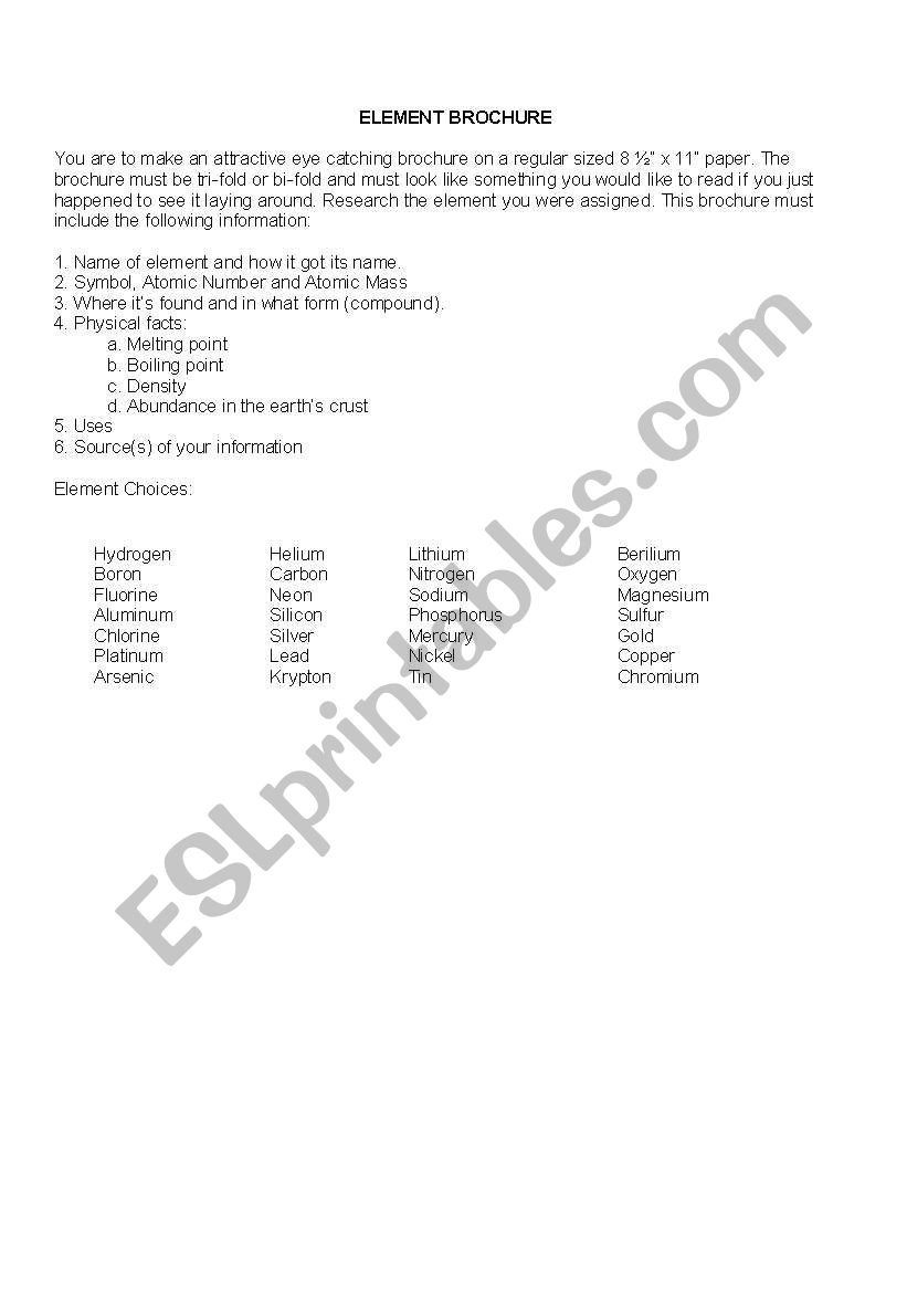 Element Brochure worksheet