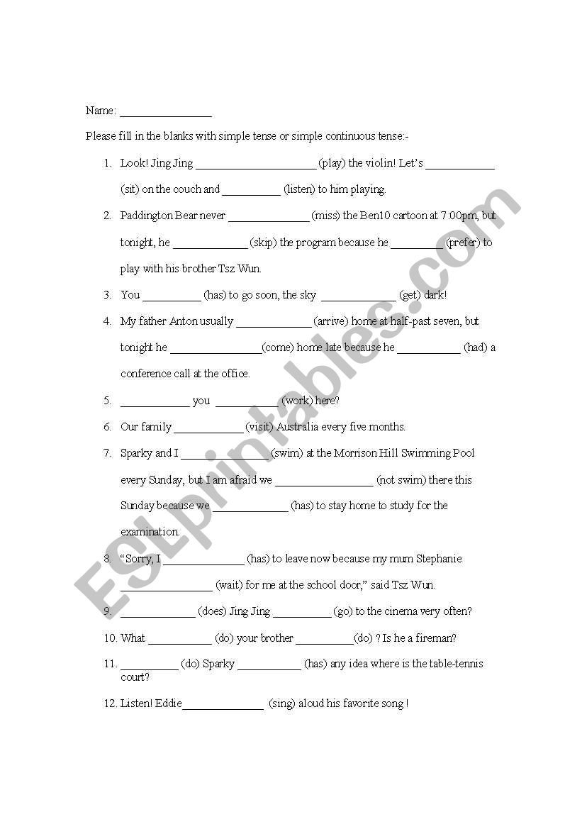 Worksheet on simple present tense and simple continuous tense 