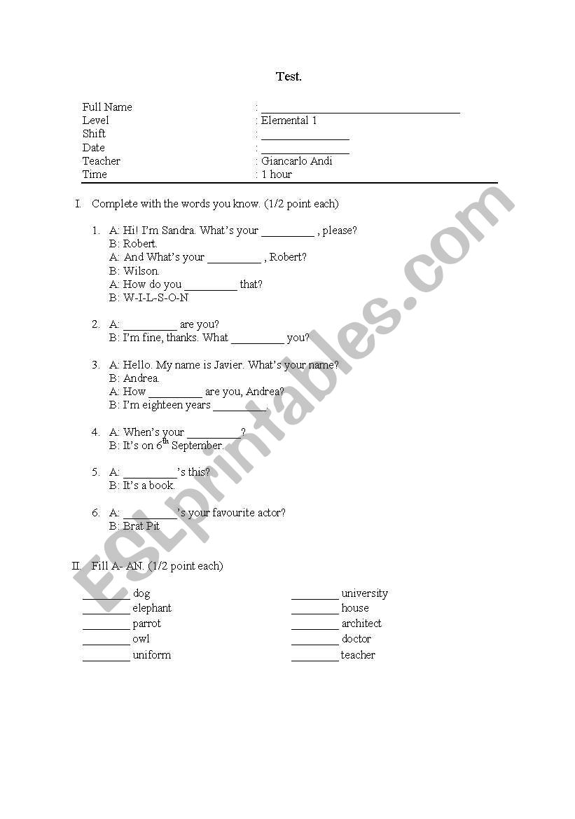 Elemental 1 Quiz worksheet