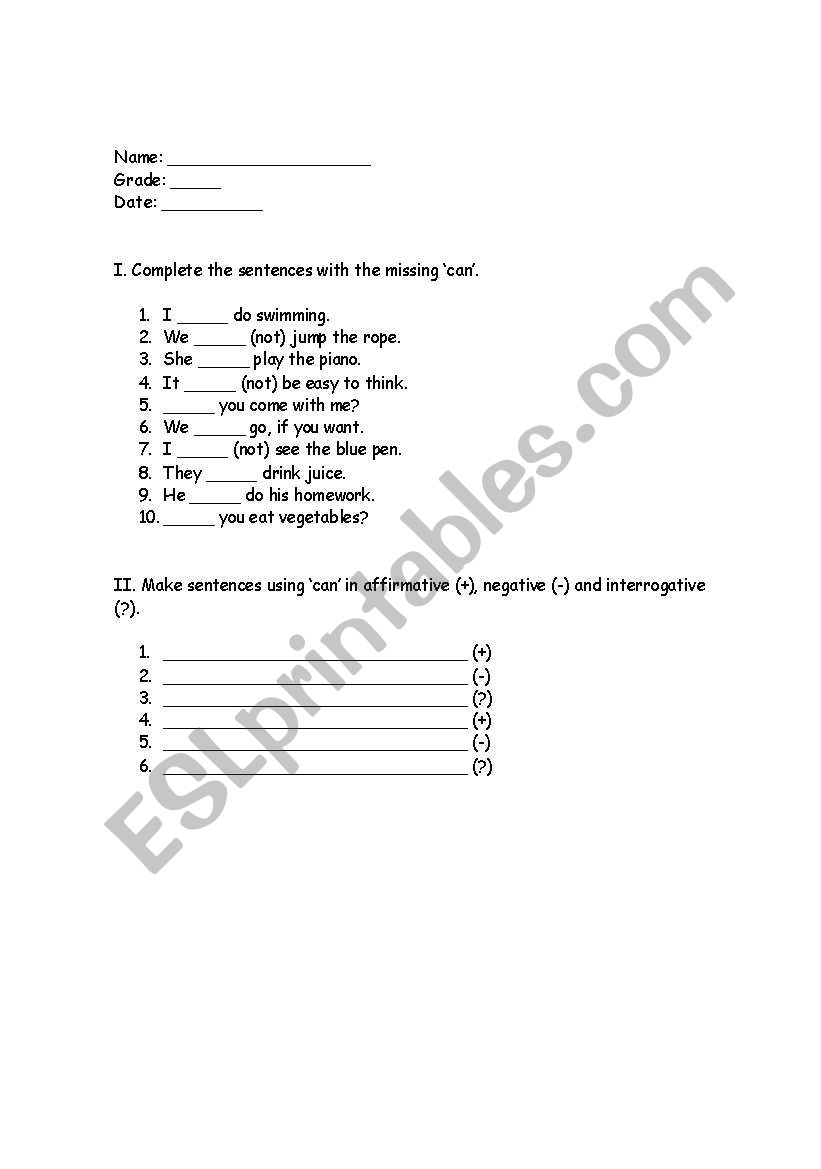 Can Exercises worksheet