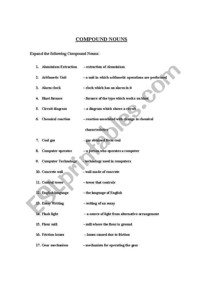 expanding compound nouns worksheet