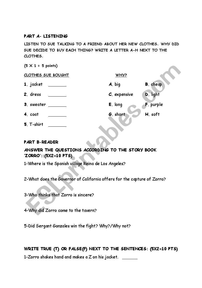 exam 2 for 7th grades worksheet