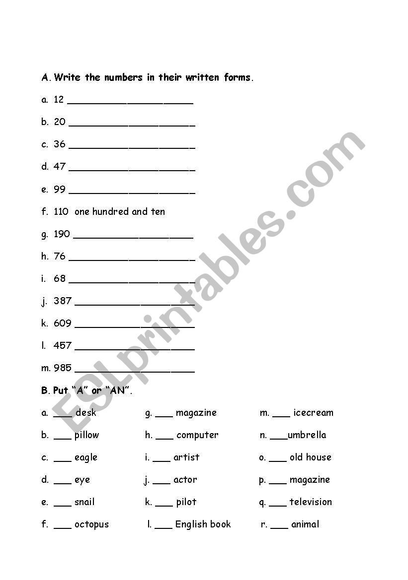numbers, a or an, is or are worksheet