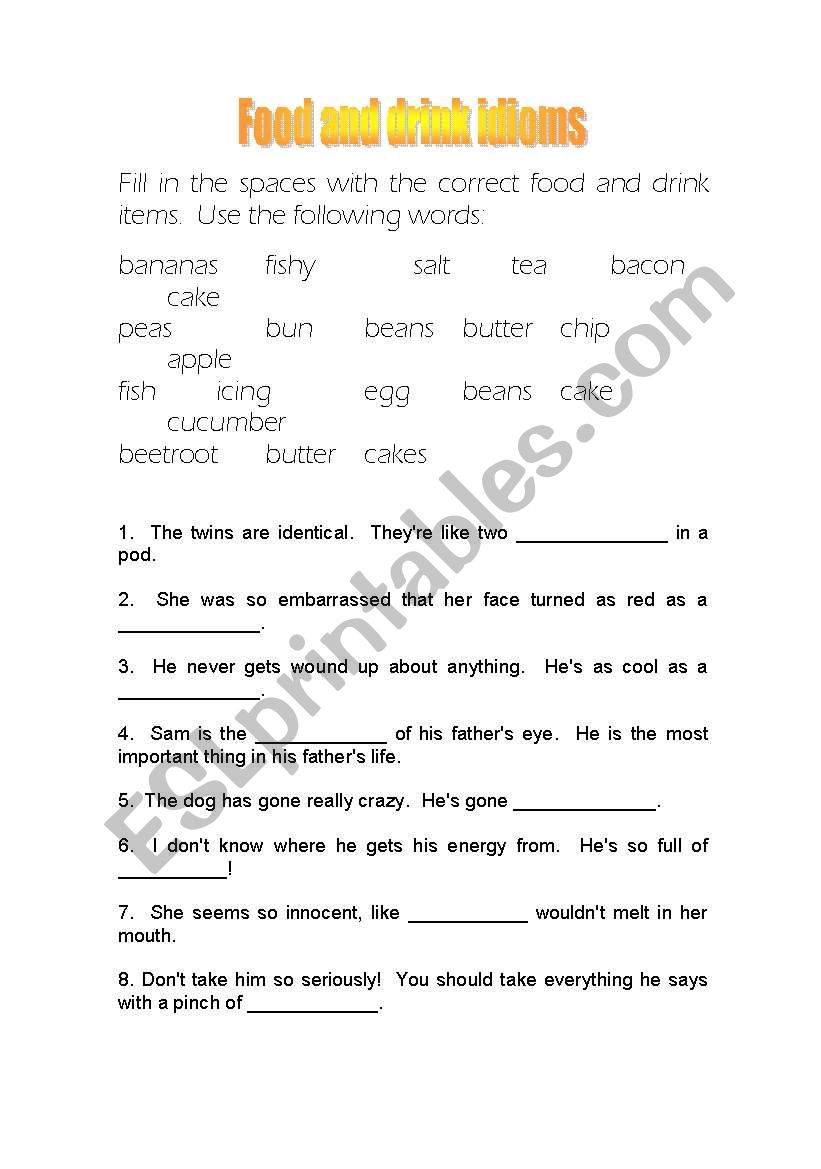 Food and drink idioms worksheet