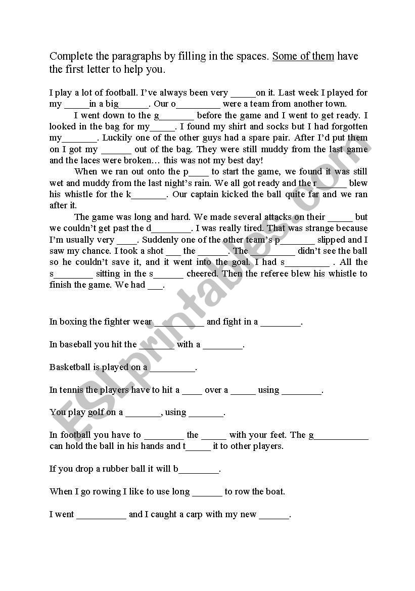 Sport gap fill worksheet