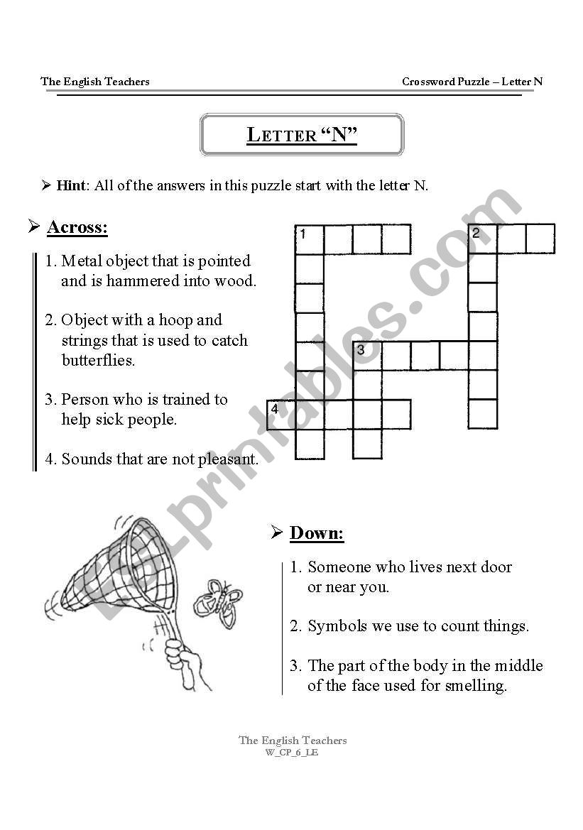 English worksheets: Crossword Puzzle Letter N