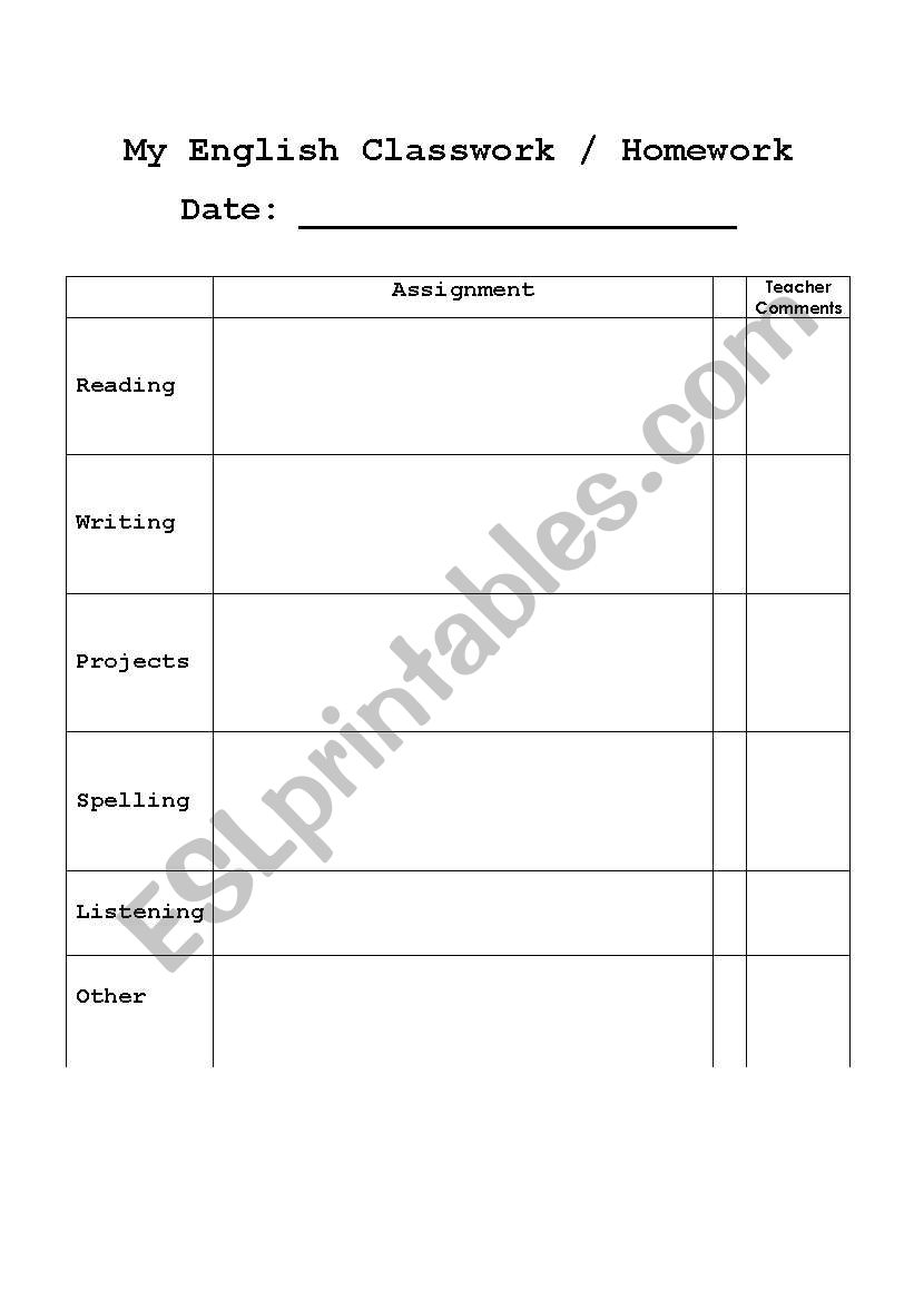 Classwork Log worksheet