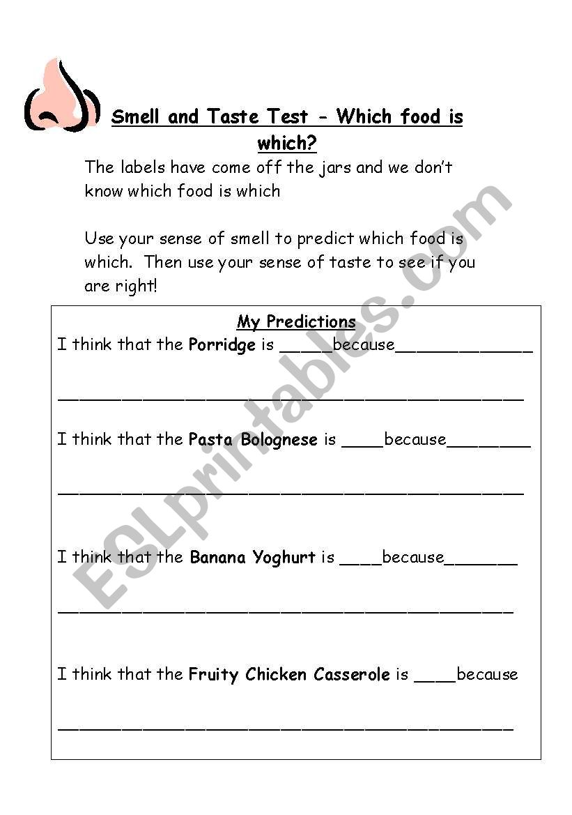 Smell and taste test worksheet