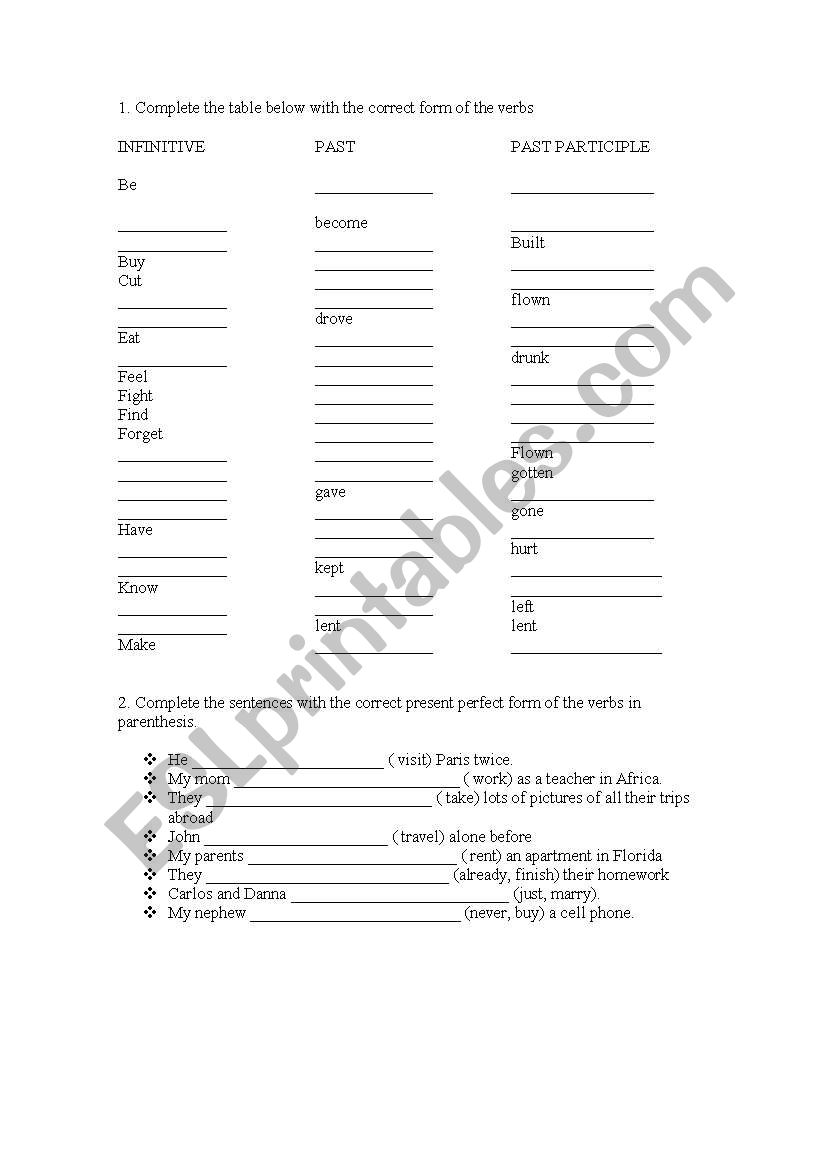 Present perfect worksheet