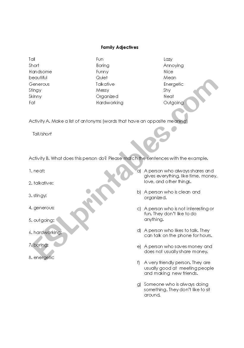 Family Adjectives worksheet
