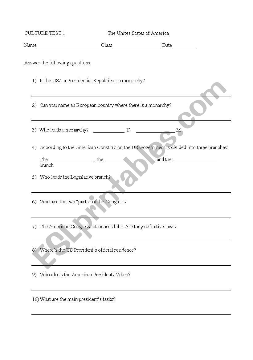 A culture test about USA worksheet