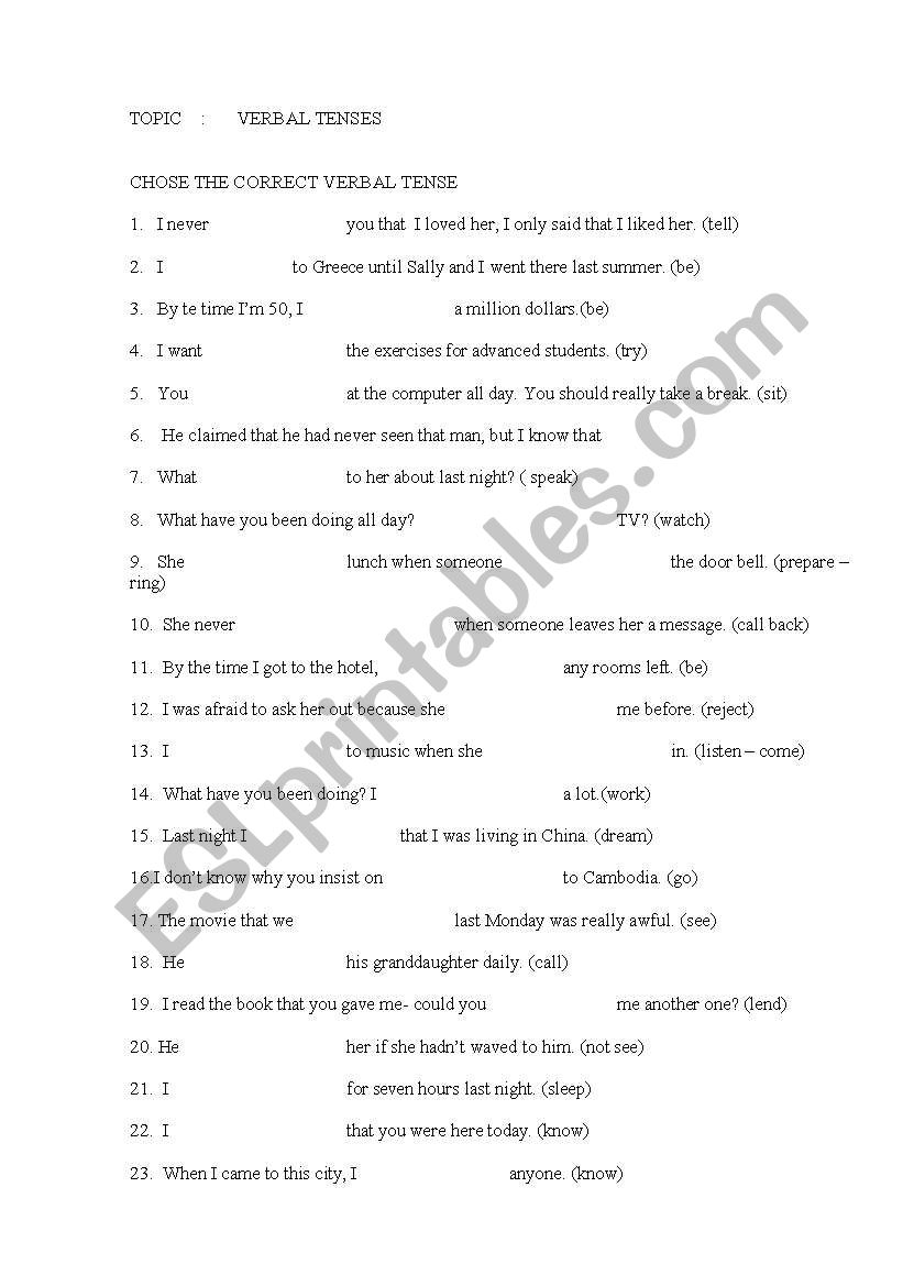 gap-filling verbal tenses worksheet