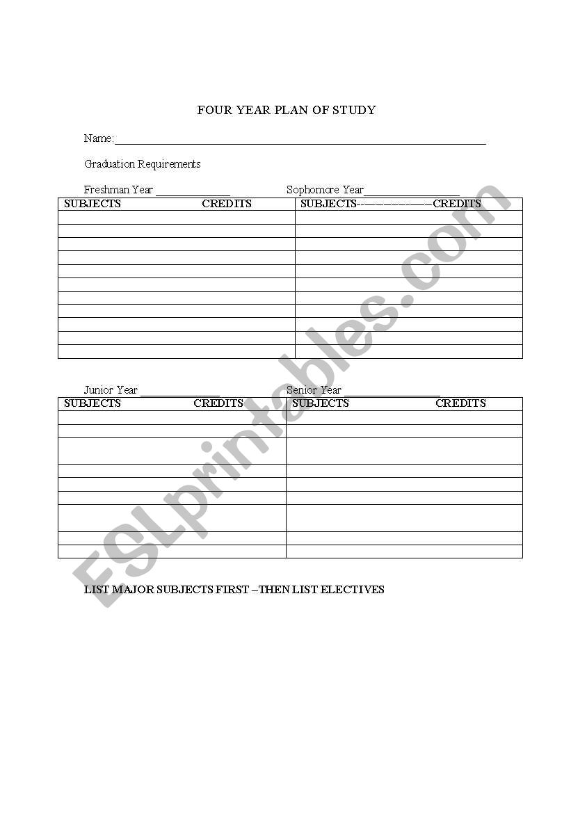 Four Year Plan worksheet