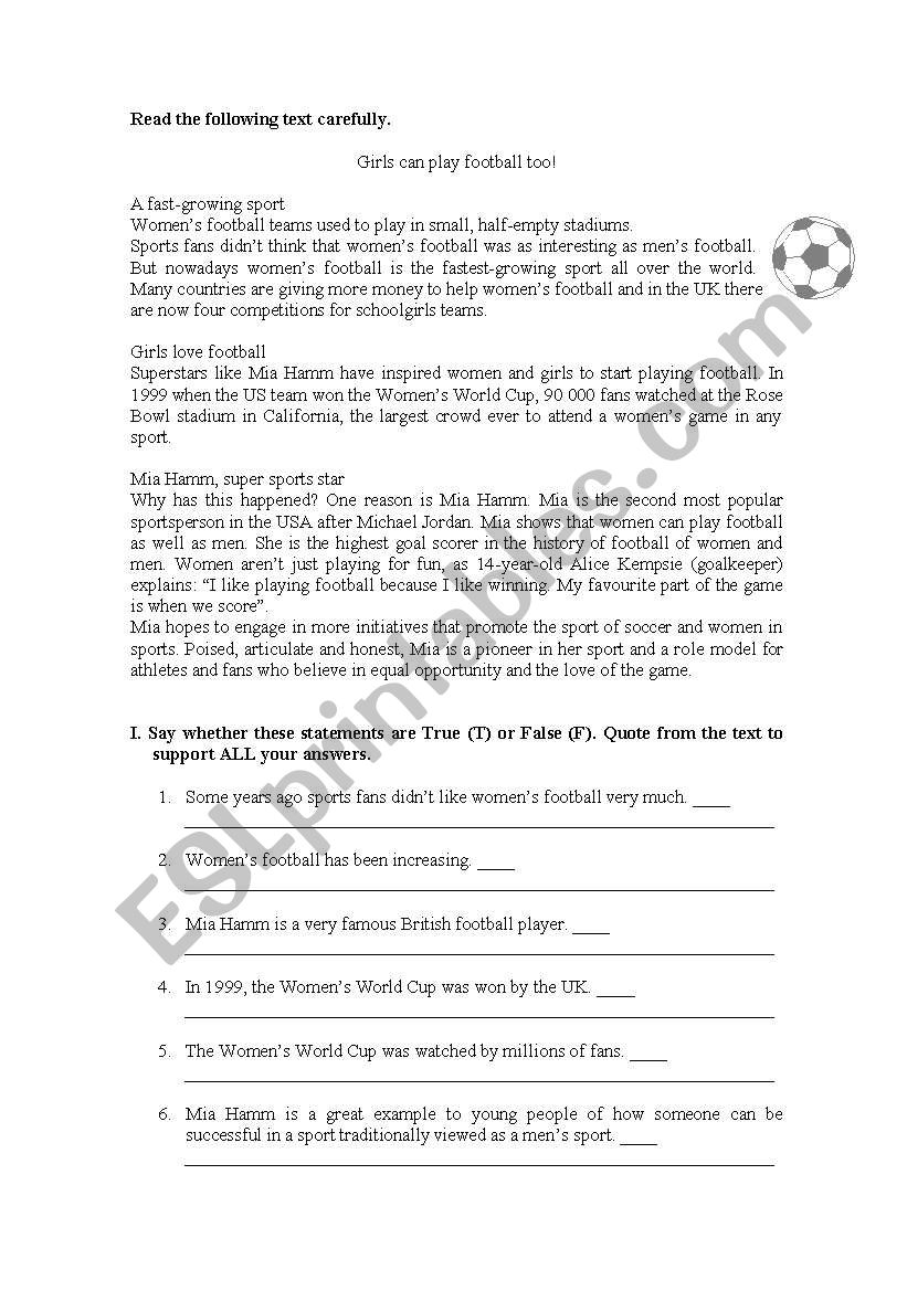 Girls can play football too! worksheet