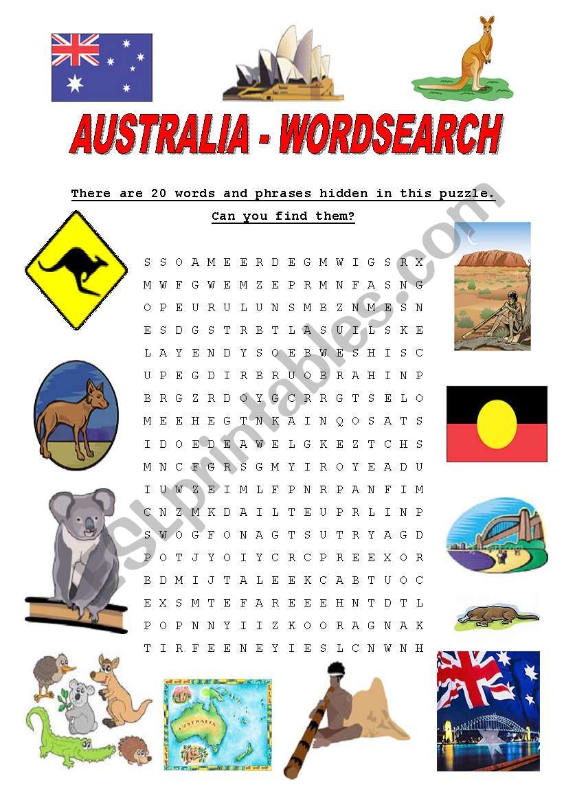 Australia Wordsearch ESL Worksheet By Ildibildi