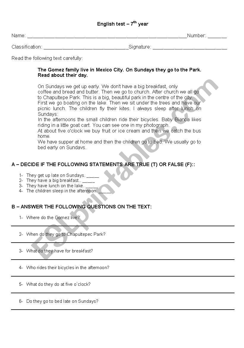 English test worksheet