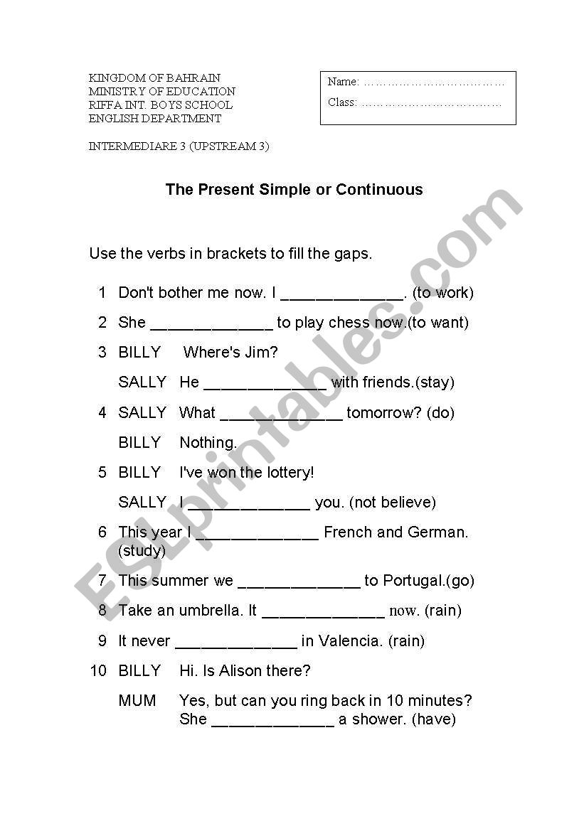 English worksheets: Present simple or continuous