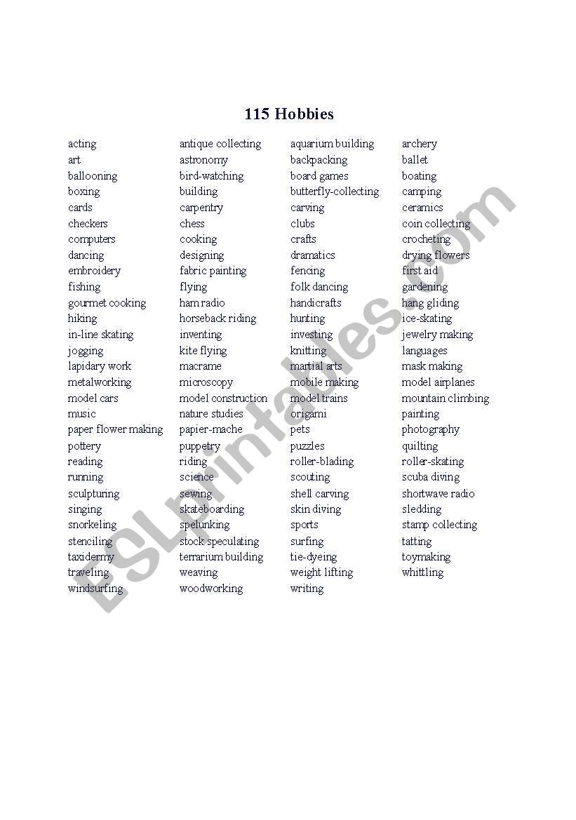 Hobbies worksheet