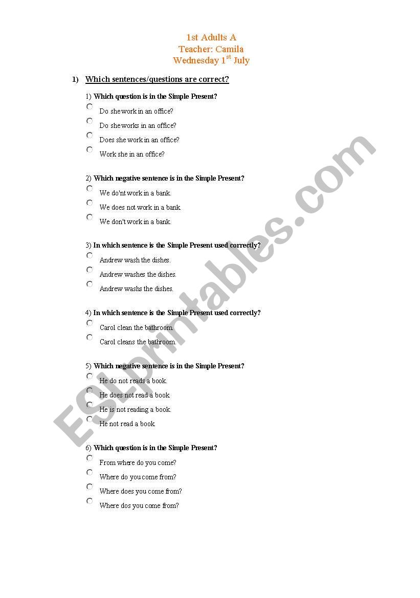 Revision of Present Simple worksheet