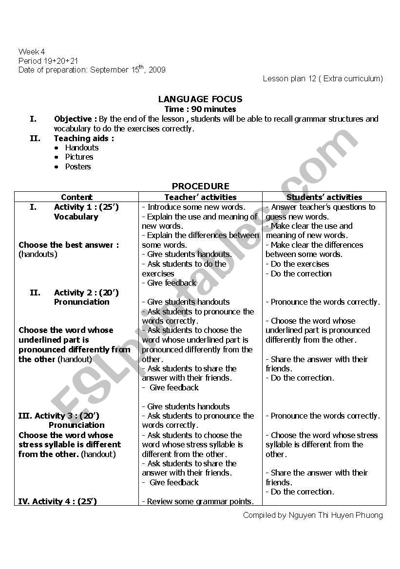 Grammar Lesson Plan ESL Worksheet By Huyenphuong1702