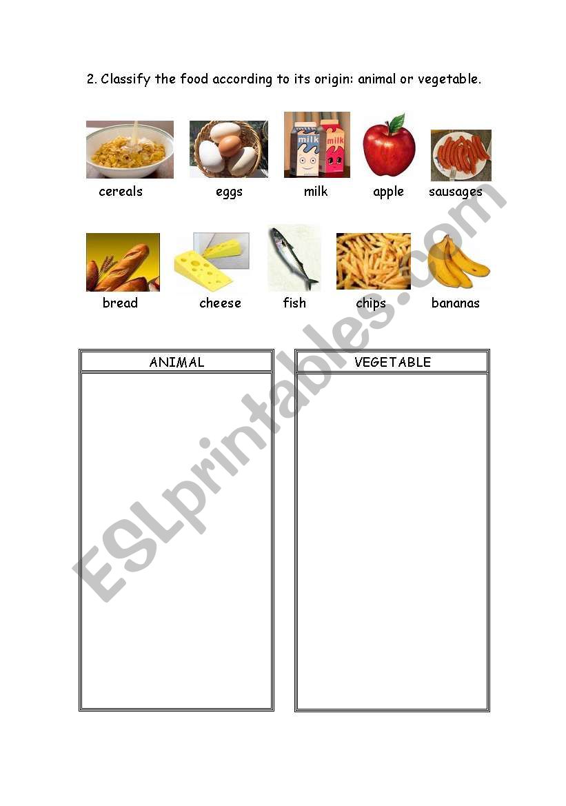 Clasify the food into  animal and vegetal origin