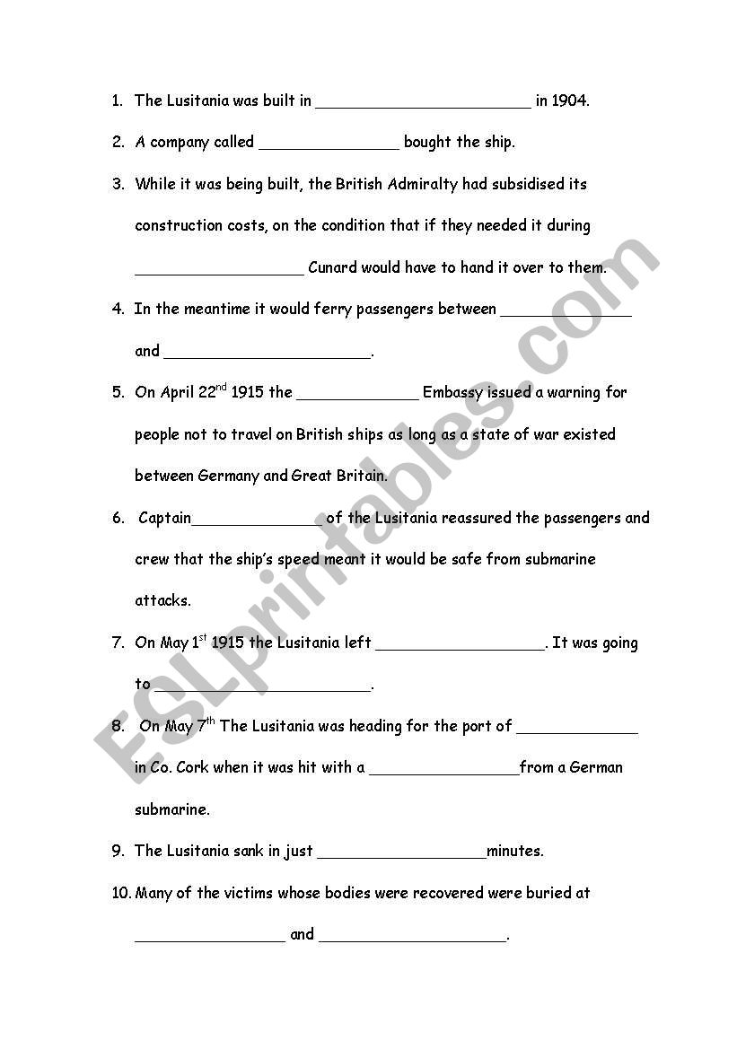 Lusitania Cloze Exercise worksheet