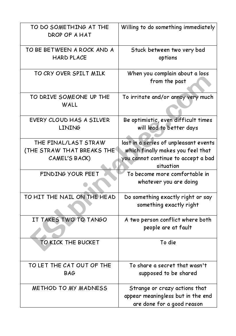 Idioms - Matching Exercise - ESL worksheet by Gerezana