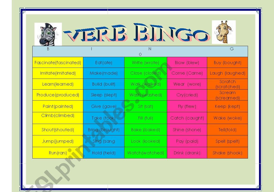Verb Tense Bingo worksheet