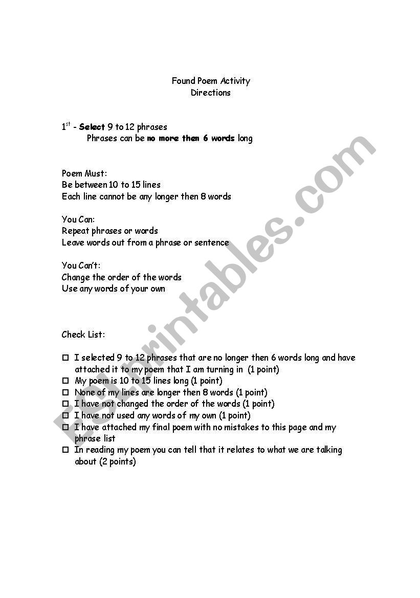 Found Poem Activity worksheet