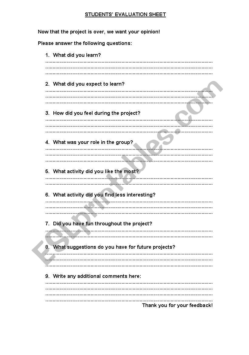 evauation sheet worksheet